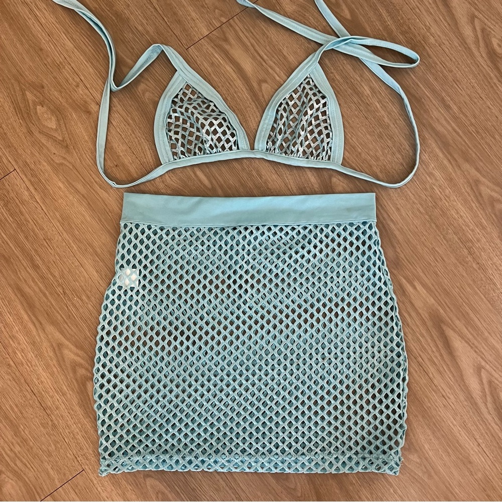 Body Language | Blue Mesh Metallic Skirt and Crop Bikini Top Set